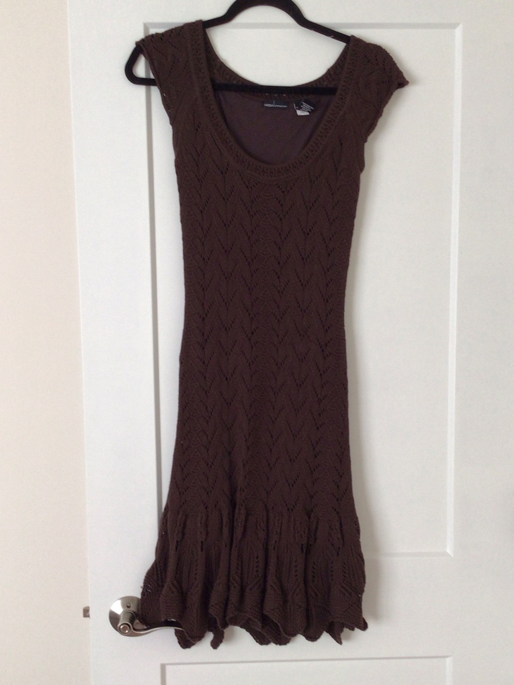 Moda International Brown Crochet Midi Dress with Ruffle Hem